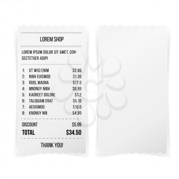Sales Printed Receipt White Empty Paper Template Vector illustration