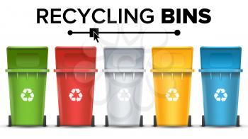 Recycling Bins Isolated Vector. Set Of Red, Green, Blue, Yellow, White Buckets. For Paper, Glass, Metal, Plastic Recycling Waste Sorting Isolated