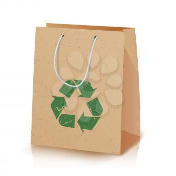 Recycling Paper Bag. Illustration Of Recycled Brown Shopping Paper Bag With Handles That Do Not Cause Harm To The Environment. Recycling Sign Icon. Ecologic Craft Package. Isolated