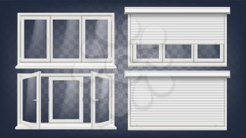 Plastic Window Vector. White Metallic Roller Shutter. PVC Windows. Plastic White Window Frame. Isolated On Transparent Background Realistic Illustration