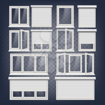 PVC Window Vector. Rolling Shutters. Opened And Closed. Front View. Open Plastic Glass Window. Isolated On Transparent Background Realistic Illustration
