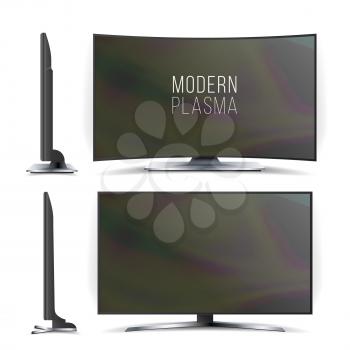 Screen Lcd Plasma Vector. Television Set. Curved and Flat TV screen lcd, plasma. Two Sides. Isolated On White Background. Realistic