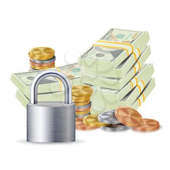 Finance Secure Concept Vector. Metal Coins, Money Banknotes Stacks, Steel Padlock. Finance Banking Illustration