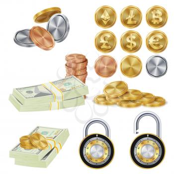 Money Secure Concept Vector. Metal Coin, Money Banknotes Stacks, Encryption Padlock. Dollar, Euro, GBP, Rupee, Franc, Yuan Won Commercial Investment Illustration Isolated On White