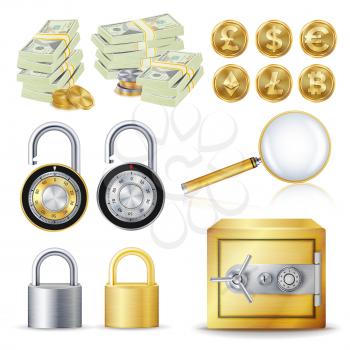 Finance Secure Concept Vector. Gold Coins, Money Banknotes Stacks, Encryption Padlock, Safe, Magnifying Glass. Dollar, Euro, GBP, Bitcoin Litecoin Etherum Banking Illustration Isolated