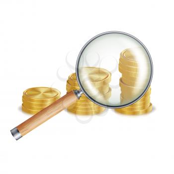 Magnifier And Coin Vector. Metal coins. Success Finance Banking Illustration