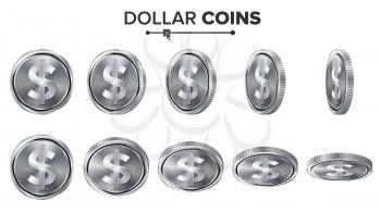 Money. Dollar 3D Silver Coins Vector Set. Realistic Illustration. Flip Different Angles. Money Front Side. Investment Concept. Finance Coin Icons, Sign, Success Banking Cash Symbol