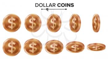 Money. Dollar 3D Copper Coins Vector Set. Realistic Illustration. Flip Different Angles. Money Front Side. Investment Concept. Finance Coin Icons, Sign, Success Banking Cash Symbol