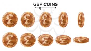 Money. GBP 3D Copper Coins Vector Set. Realistic Illustration. Flip Different Angles. Money Front Side. Investment Concept. Finance Coin Icons, Sign, Success Banking Cash Symbol