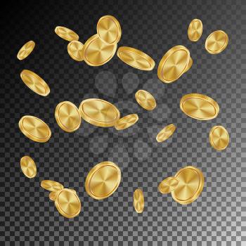 Falling Gold Coins Vector. Flying Realistic Golden Coins Explosion. Transparent Background. Casino Prize Money Fortune Flow Jackpot.