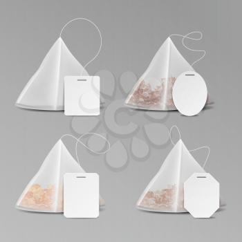 Pyramid Shape Tea Bag Set. Mock Up With Empty Square, Rectangle Labels. 3D Realistic Teabag Template. Vector