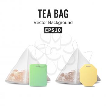 Pyramid Shape Tea Bag Set. Mock Up With Empty Yellow And Green Label. Isolated On White Background. Vector
