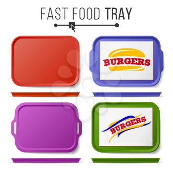 Tray Salver Set Vector. Empty Plastic Rectangular Tray Salvers. Top View. Advertising, Branding Concept. Tray Isolated