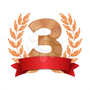 3rd Trophy Award Vector. Third Bronze Placement Achievement. Figure 3 Three In A Realistic Bronze Laurel Wreath. Red Ribbon. Isolated