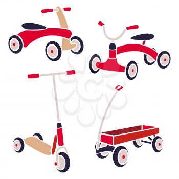 Vintage Kids Toys Bicycle, Kick Scooter, Red Wagon. Vector