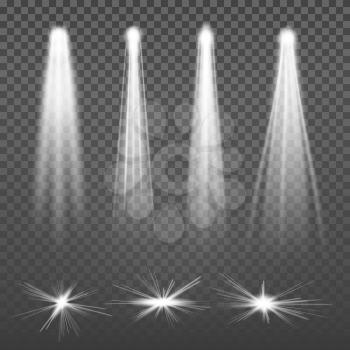 White Beam Lights Spotlights Vector. Glowing Light Effects Isolated On Transparent Background.