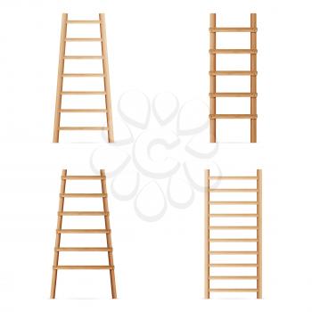 Wooden Step Ladder. Vector Set Of Various Ladders. Classic Staircase Isolated On White Background. Realistic
