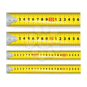 Yellow Measure Tape Vector Illustration. Measure Tool Equipment In Centimeters. Several Variants, Proportional Scaled.