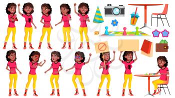 Teen Girl Poses Set Vector. Black. Afro American. Positive Person. For Postcard, Cover, Placard Design. Cartoon Illustration