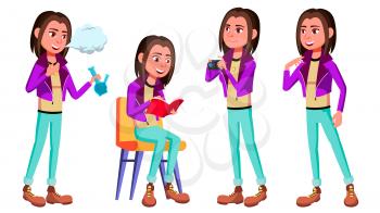 Teen Girl Poses Set Vector. Smoking Cannabis. Adult People. Casual. For Advertisement, Greeting, Announcement Design. Cartoon Illustration