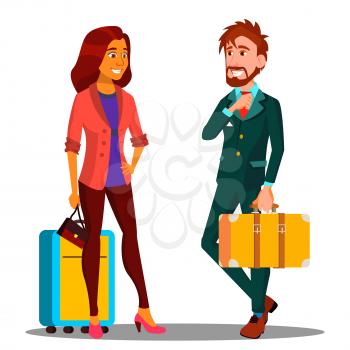 Business Trip, Businessman In Suit And Suitcase In Hand Vector. Illustration