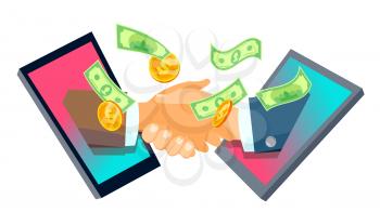 International Contacts, Businessman Shaking Hands From Smartphones Vector. Illustration