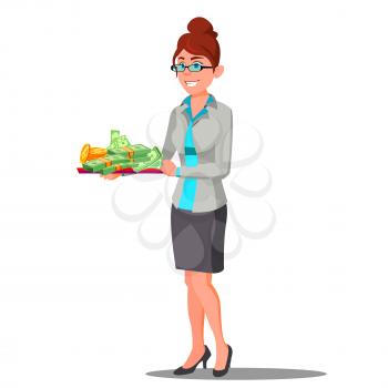 Woman Holding Tray With Pile Of Money On It Vector. Illustration