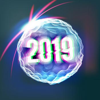 2019 Happy New Year Background Vector. Futuristic Glowing Sphere. Greeting Card Design Template. Merry Christmas. Illustration