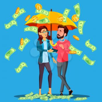 Financial Success, Business Man And Woman Stands Under Umbrella Under Falling Money Vector. Illustration