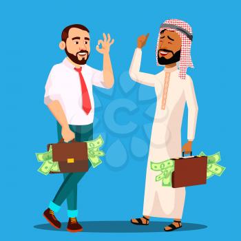 Successful Businessman With Briefcase Full Of Money In Hands, Arab, European Vector. Illustration