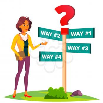 Business Woman Chooses A Path Of Ways, Direction, Strategy Vector. Illustration