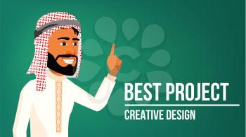 Arab Man Banner Vector. Young Saudi Arabic Man. Middle Eastern. For Presentation, Print, Invitation Design. Illustration