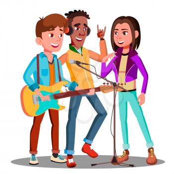 Teen Rock Band Playing Music On Guitar Vector. Illustration