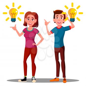 New Idea, Happy Teenager Guy, Girl With Bulb Over Head Vector. Illustration