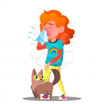 Allergic, Sneezing Girl With A Cat Vector. Isolated Illustration