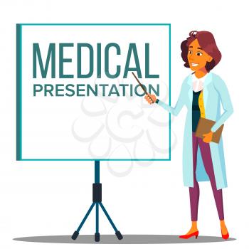 Doctor Woman In White Coat Near Meeting Projector Screen, Medical Presentation Vector. Isolated Illustration