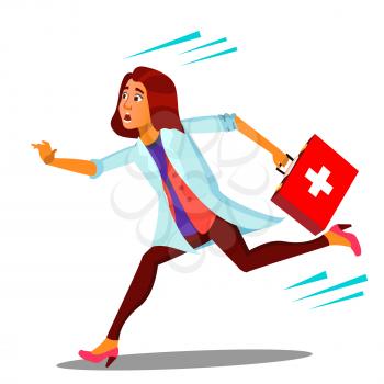 Ambulance, Running Doctor Woman With First Aid Box Vector. Isolated Illustration