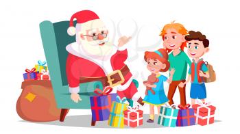 Santa Claus With Children Vector. Cheerful Kids. Winter Holidays. Happy. New Year Gifts. Banner, Flyer, Brochure Design. Isolated Cartoon Illustration