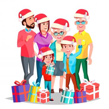 Christmas Family Vector. Full Family. Portrait. Winter Holidays. In Santa Hats. Dad, Mother, Kids, Grandparents Poster Advertising Template Isolated Cartoon Illustration