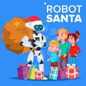 Robot In Santa Claus Hat And Gifts With Children Vector. Illustration