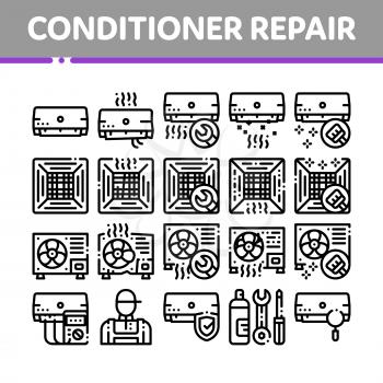 Conditioner Repair Vector Thin Line Icons Set. Conditioner Repair, Fixing Equipment Linear Pictograms. Air Conditioning System Maintenance, Technical Support, Tools Kit Color Contour Illustrations