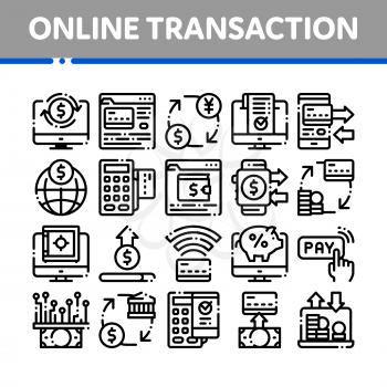 Online Transactions Vector Thin Line Icons Set. Online Transactions, Secure Financial Payment Operation Linear Pictograms. Internet Banking Money Deposit, Currency Exchange Color Contour Illustrations