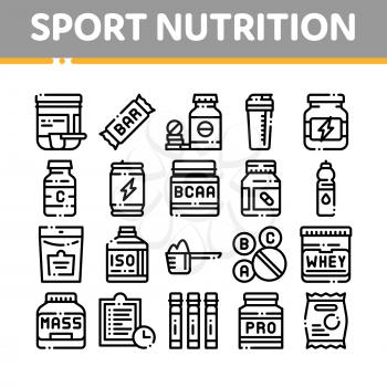 Sport Nutrition Cells Vector Thin Line Icons Set. Sport Nutrition for Sportsmen Linear Pictograms. Dietary Nutrition, Protein Ingredients, Wheys, Bars for Bodybuilding Color Contour Illustrations