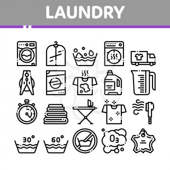 Laundry Service Vector Thin Line Icons Set. Laundry Service, Washing Clothes Linear Pictograms. Laundromat, Dry-Cleaning, Launderette, Stain Removal, Ironing Color Contour Illustrations
