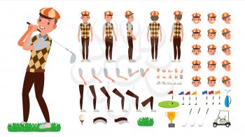 Golf Player Vector. Animated Character Creation Set. Football Tools And Equipment. Full Length, Front, Side, Back View, Accessories, Poses, Face Emotions, Gestures Isolated Cartoon Illustration