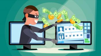Hacking Concept Vector. Hacker Using Personal Computer Stealing Credit Card Information, Personal Data, Money. Flat Cartoon Illustration