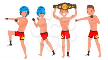 MMA Man Player Male Vector. Preparing For Training. Traditional Fighting Poses. Cartoon Athlete Character Illustration