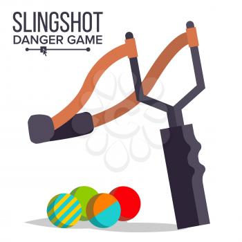 Slingshot Vector. Cartoon Slingshot Icon. Paintball, Child Game. Elastic Danger Toy Illustration
