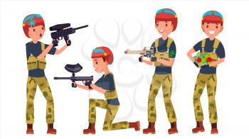 Paintball Player Vector. Professional Gamer. Bright Splashes. Uniform. Competitions. Paintball Weapon. Man Paintball Player. Flat Cartoon Illustration