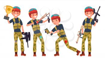 Paintball Player Vector. Proffesional Sport. Holding Paintball Weapon. Man Paintball Player. Isolated On White Cartoon Character Illustration